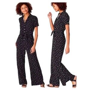 J. Jill Jumpsuit Black Floral Large‎ Button Front Wide Leg Relaxed Bohemian Soft